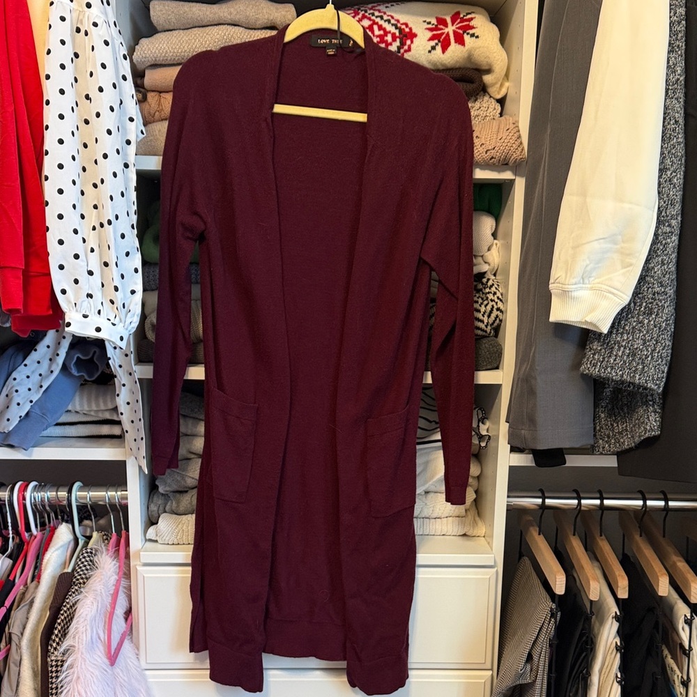 Love Tree Burgundy Open Front Cardigan